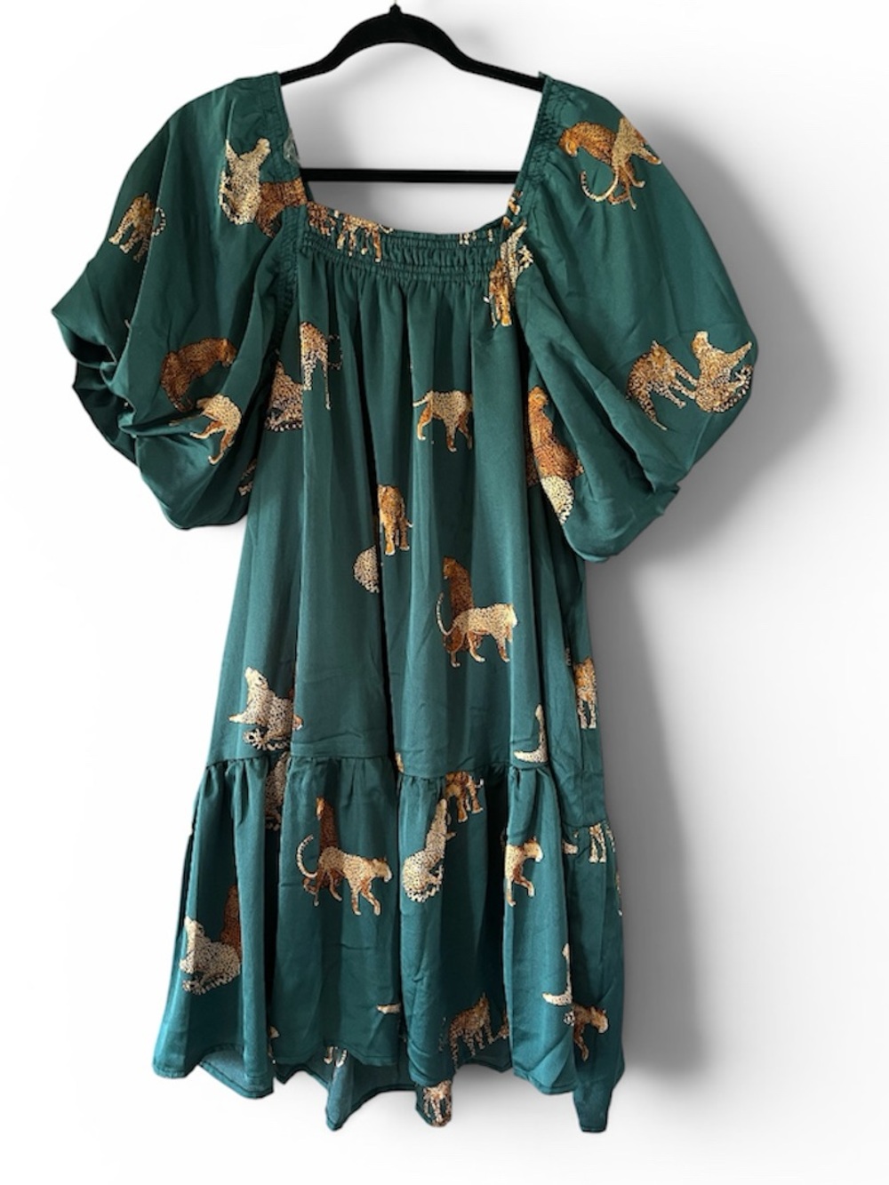 Emerald Green Puff Sleeve Dress with Gold Leopard Print